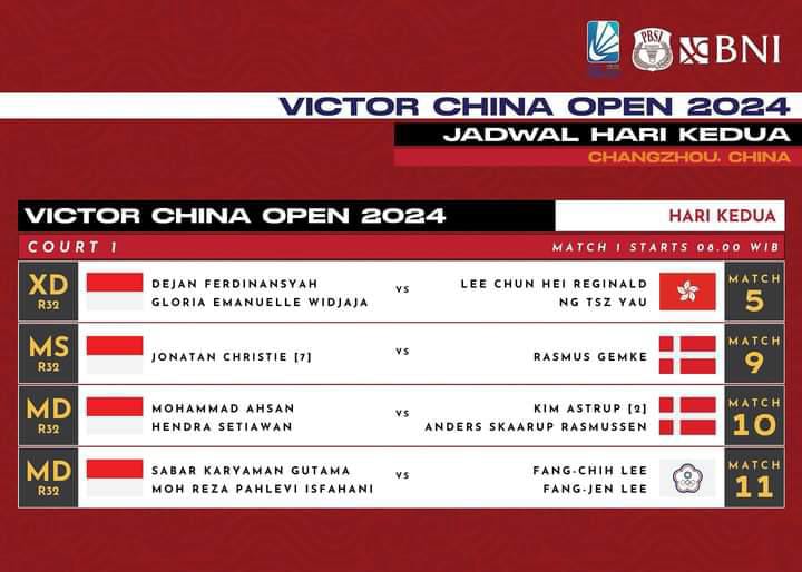 Jadwal Hari Kedua China Open 2024