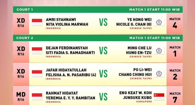 Jadwal Babak 16 Besar Taipei Open 2025